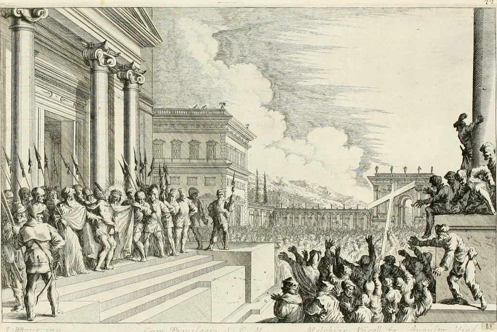 An illustration from Ioannis Guilielmi Baurn Iconographia : complectens In se passionem, miracula, vitam Christi universam : nec non, prospectus rarissimorum portuum, palatiorum, hortorum, historiarum, aliarumq[ue] rerum, quae per Italiam spectatu sunt dignae, 1671, leaf 29
