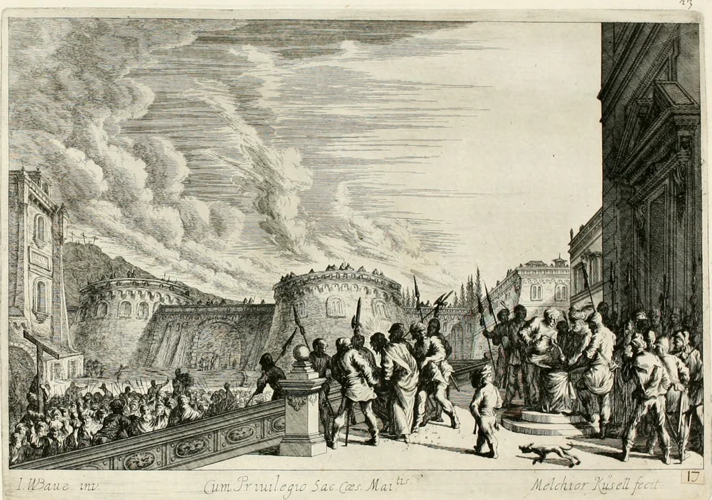 An illustration from Ioannis Guilielmi Baurn Iconographia : complectens In se passionem, miracula, vitam Christi universam : nec non, prospectus rarissimorum portuum, palatiorum, hortorum, historiarum, aliarumq[ue] rerum, quae per Italiam spectatu sunt dignae, 1671, leaf 30