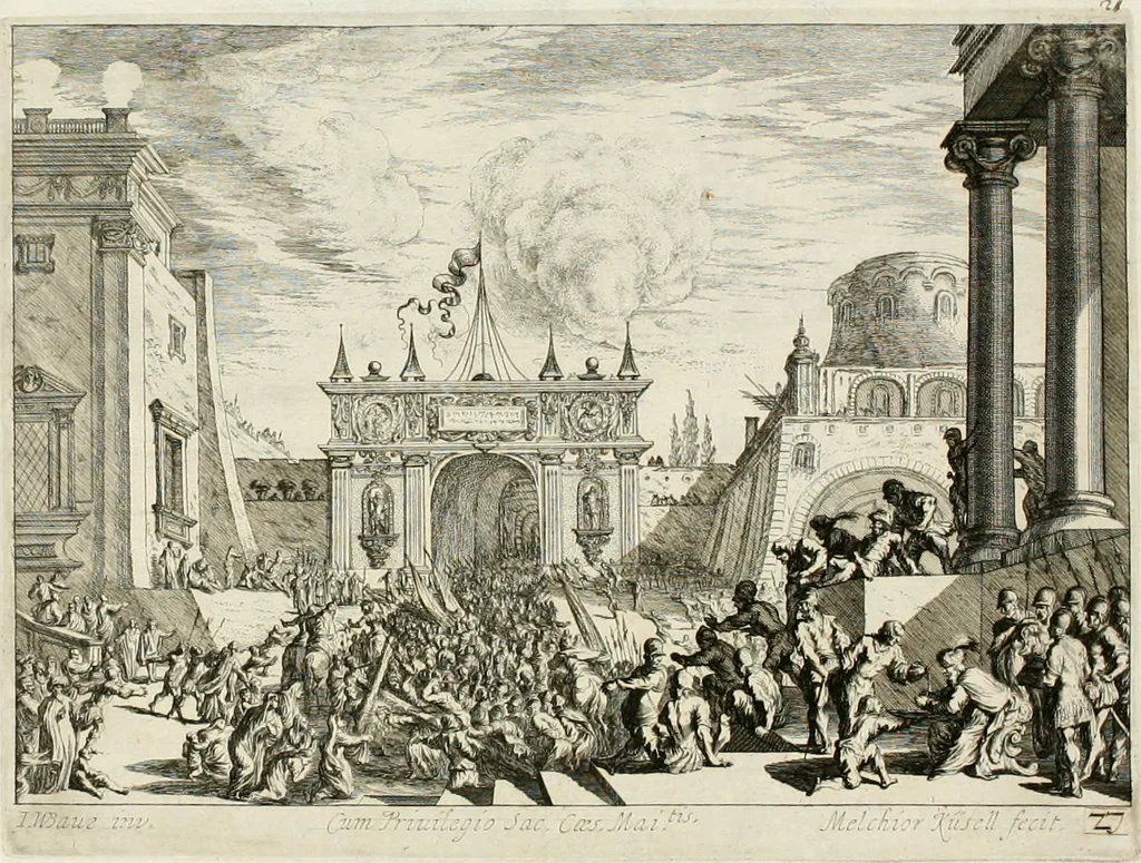 An illustration from Ioannis Guilielmi Baurn Iconographia : complectens In se passionem, miracula, vitam Christi universam : nec non, prospectus rarissimorum portuum, palatiorum, hortorum, historiarum, aliarumq[ue] rerum, quae per Italiam spectatu sunt dignae, 1671, leaf 31
