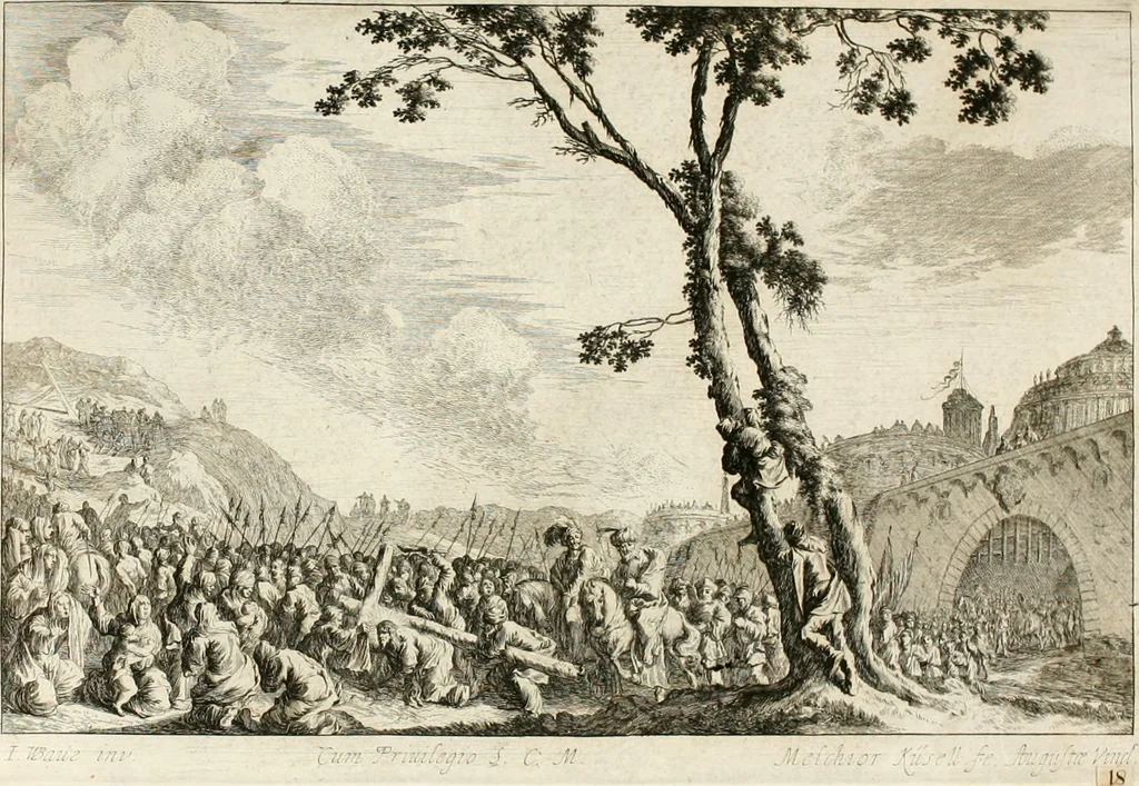 An illustration from Ioannis Guilielmi Baurn Iconographia : complectens In se passionem, miracula, vitam Christi universam : nec non, prospectus rarissimorum portuum, palatiorum, hortorum, historiarum, aliarumq[ue] rerum, quae per Italiam spectatu sunt dignae, 1671, leaf 32