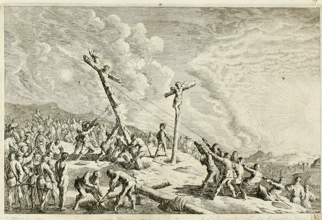 An illustration from Ioannis Guilielmi Baurn Iconographia : complectens In se passionem, miracula, vitam Christi universam : nec non, prospectus rarissimorum portuum, palatiorum, hortorum, historiarum, aliarumq[ue] rerum, quae per Italiam spectatu sunt dignae, 1671, leaf 34