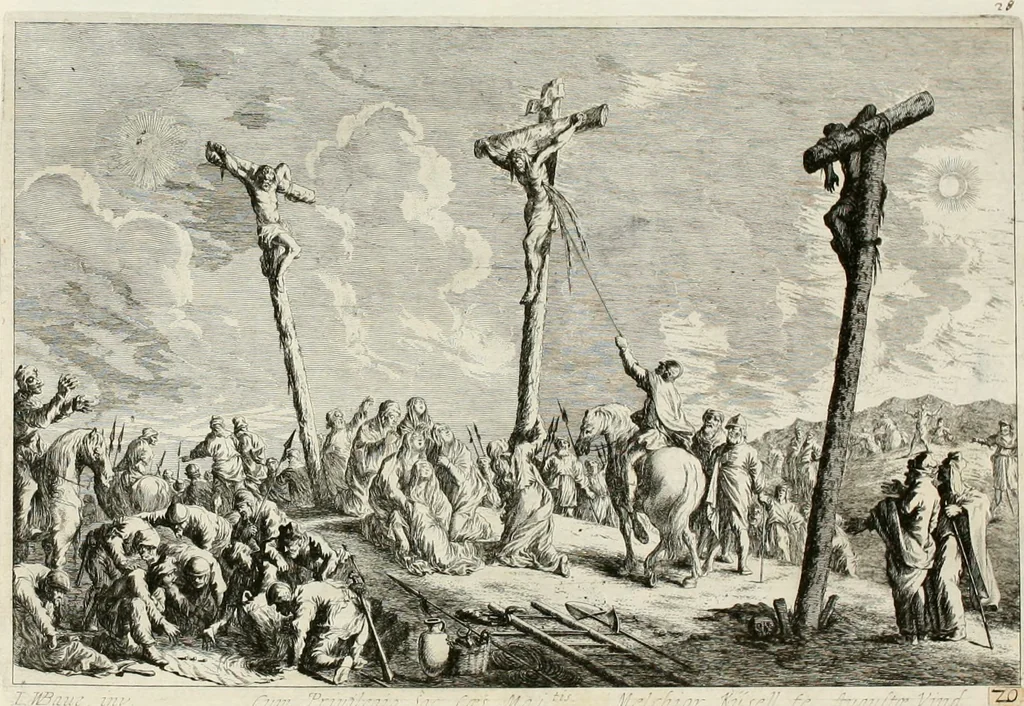 An illustration from Ioannis Guilielmi Baurn Iconographia : complectens In se passionem, miracula, vitam Christi universam : nec non, prospectus rarissimorum portuum, palatiorum, hortorum, historiarum, aliarumq[ue] rerum, quae per Italiam spectatu sunt dignae, 1671, leaf 35