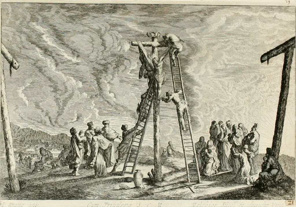 An illustration from Ioannis Guilielmi Baurn Iconographia : complectens In se passionem, miracula, vitam Christi universam : nec non, prospectus rarissimorum portuum, palatiorum, hortorum, historiarum, aliarumq[ue] rerum, quae per Italiam spectatu sunt dignae, 1671, leaf 36
