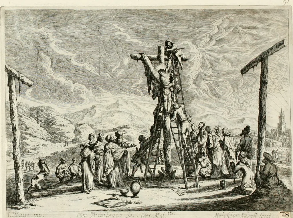An illustration from Ioannis Guilielmi Baurn Iconographia : complectens In se passionem, miracula, vitam Christi universam : nec non, prospectus rarissimorum portuum, palatiorum, hortorum, historiarum, aliarumq[ue] rerum, quae per Italiam spectatu sunt dignae, 1671, leaf 37