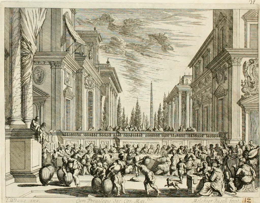 An illustration from Ioannis Guilielmi Baurn Iconographia : complectens In se passionem, miracula, vitam Christi universam : nec non, prospectus rarissimorum portuum, palatiorum, hortorum, historiarum, aliarumq[ue] rerum, quae per Italiam spectatu sunt dignae, 1671, leaf 41