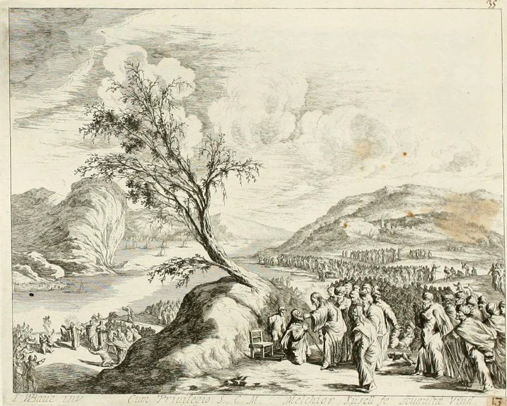An illustration from Ioannis Guilielmi Baurn Iconographia : complectens In se passionem, miracula, vitam Christi universam : nec non, prospectus rarissimorum portuum, palatiorum, hortorum, historiarum, aliarumq[ue] rerum, quae per Italiam spectatu sunt dignae, 1671, leaf 42