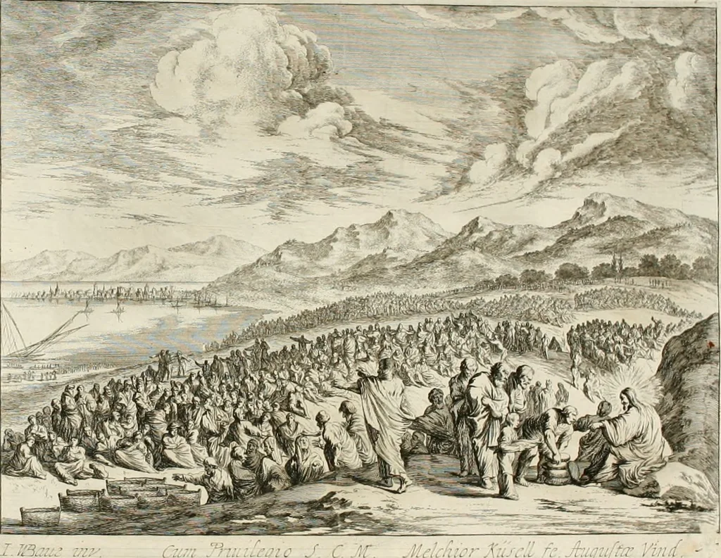 An illustration from Ioannis Guilielmi Baurn Iconographia : complectens In se passionem, miracula, vitam Christi universam : nec non, prospectus rarissimorum portuum, palatiorum, hortorum, historiarum, aliarumq[ue] rerum, quae per Italiam spectatu sunt dignae, 1671, leaf 43