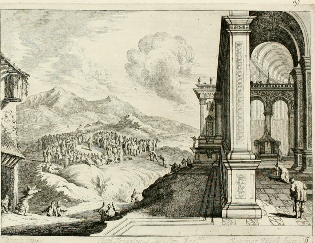 An illustration from Ioannis Guilielmi Baurn Iconographia : complectens In se passionem, miracula, vitam Christi universam : nec non, prospectus rarissimorum portuum, palatiorum, hortorum, historiarum, aliarumq[ue] rerum, quae per Italiam spectatu sunt dignae, 1671, leaf 44