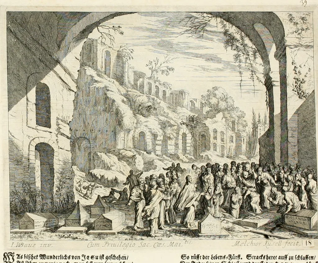 An illustration from Ioannis Guilielmi Baurn Iconographia : complectens In se passionem, miracula, vitam Christi universam : nec non, prospectus rarissimorum portuum, palatiorum, hortorum, historiarum, aliarumq[ue] rerum, quae per Italiam spectatu sunt dignae, 1671, leaf 46