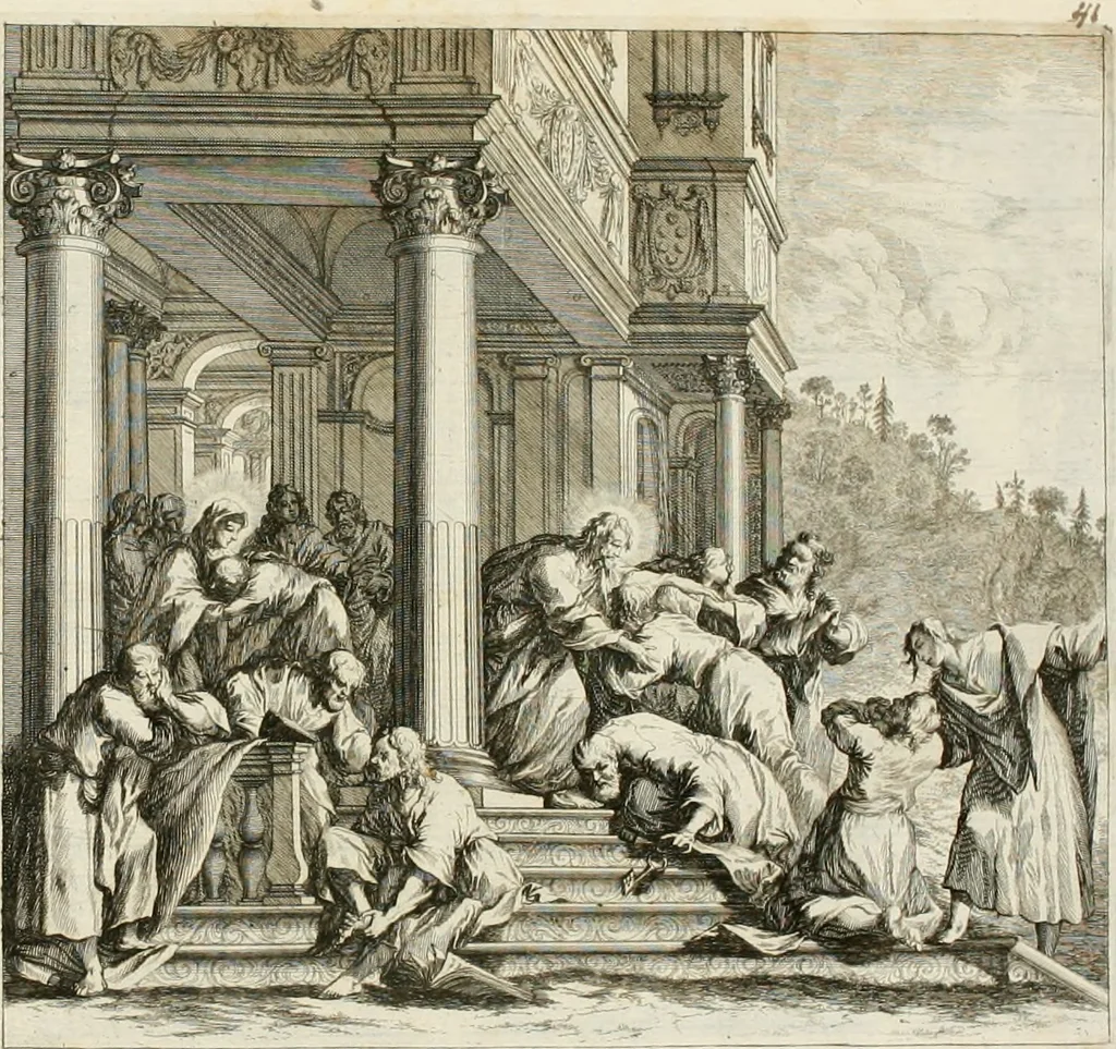 An illustration from Ioannis Guilielmi Baurn Iconographia : complectens In se passionem, miracula, vitam Christi universam : nec non, prospectus rarissimorum portuum, palatiorum, hortorum, historiarum, aliarumq[ue] rerum, quae per Italiam spectatu sunt dignae, 1671, leaf 50