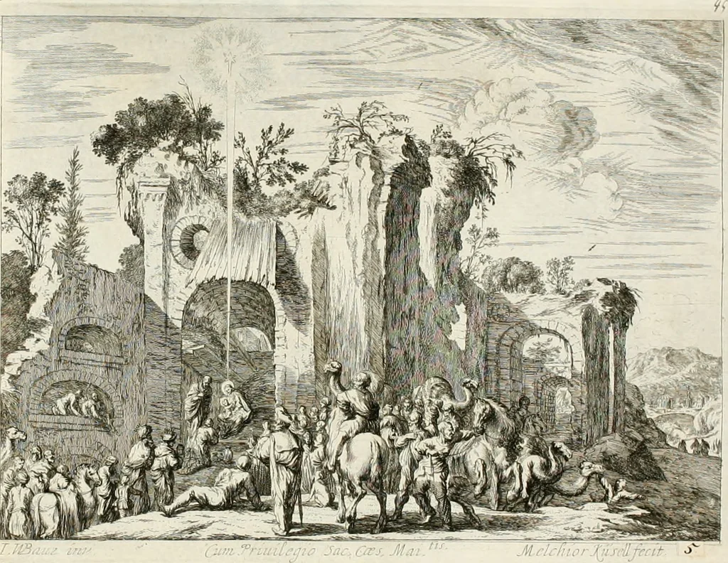 An illustration from Ioannis Guilielmi Baurn Iconographia : complectens In se passionem, miracula, vitam Christi universam : nec non, prospectus rarissimorum portuum, palatiorum, hortorum, historiarum, aliarumq[ue] rerum, quae per Italiam spectatu sunt dignae, 1671, leaf 54