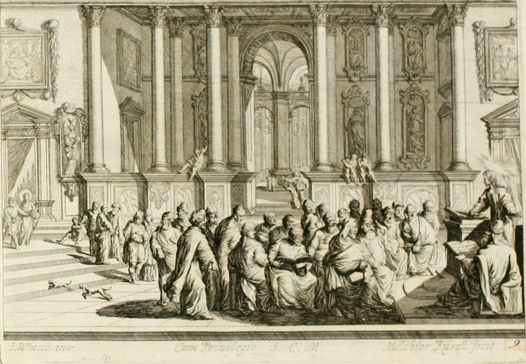 An illustration from Ioannis Guilielmi Baurn Iconographia : complectens In se passionem, miracula, vitam Christi universam : nec non, prospectus rarissimorum portuum, palatiorum, hortorum, historiarum, aliarumq[ue] rerum, quae per Italiam spectatu sunt dignae, 1671, leaf 58