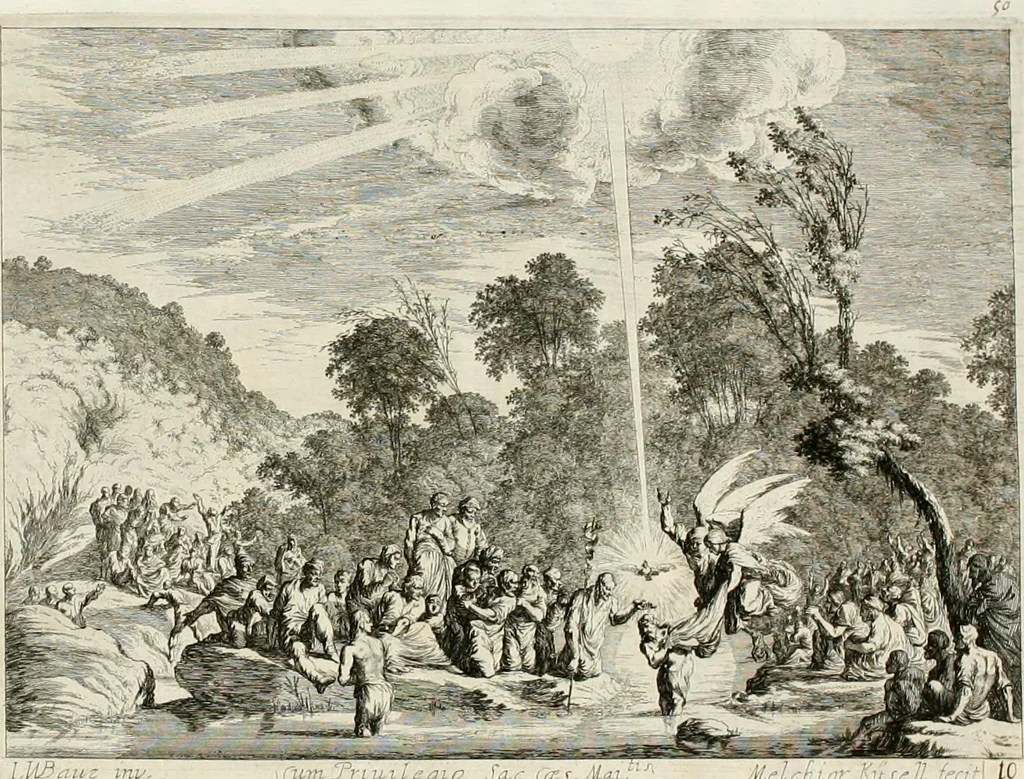 An illustration from Ioannis Guilielmi Baurn Iconographia : complectens In se passionem, miracula, vitam Christi universam : nec non, prospectus rarissimorum portuum, palatiorum, hortorum, historiarum, aliarumq[ue] rerum, quae per Italiam spectatu sunt dignae, 1671, leaf 59