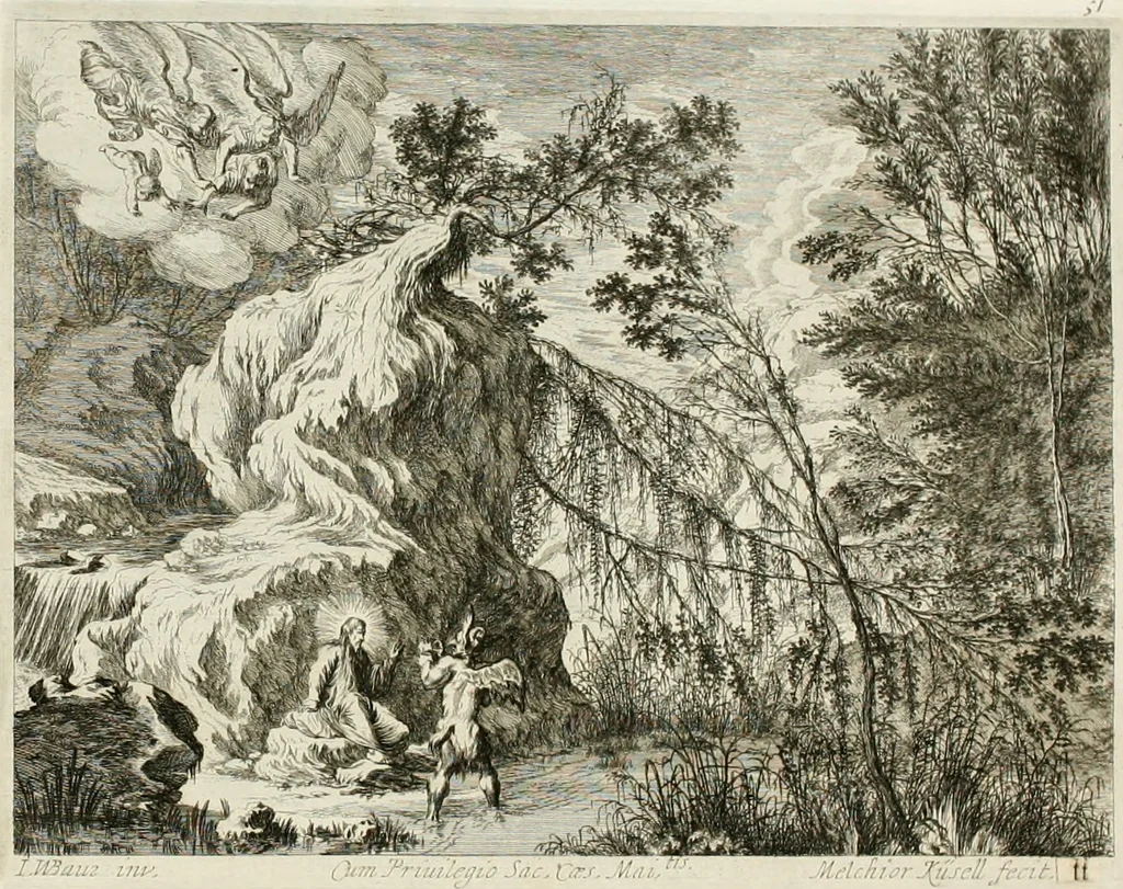 An illustration from Ioannis Guilielmi Baurn Iconographia : complectens In se passionem, miracula, vitam Christi universam : nec non, prospectus rarissimorum portuum, palatiorum, hortorum, historiarum, aliarumq[ue] rerum, quae per Italiam spectatu sunt dignae, 1671, leaf 60