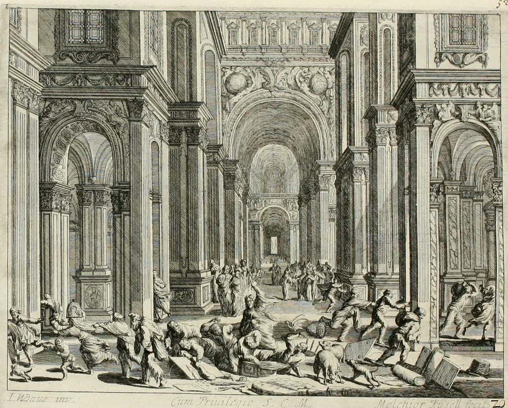An illustration from Ioannis Guilielmi Baurn Iconographia : complectens In se passionem, miracula, vitam Christi universam : nec non, prospectus rarissimorum portuum, palatiorum, hortorum, historiarum, aliarumq[ue] rerum, quae per Italiam spectatu sunt dignae, 1671, leaf 61