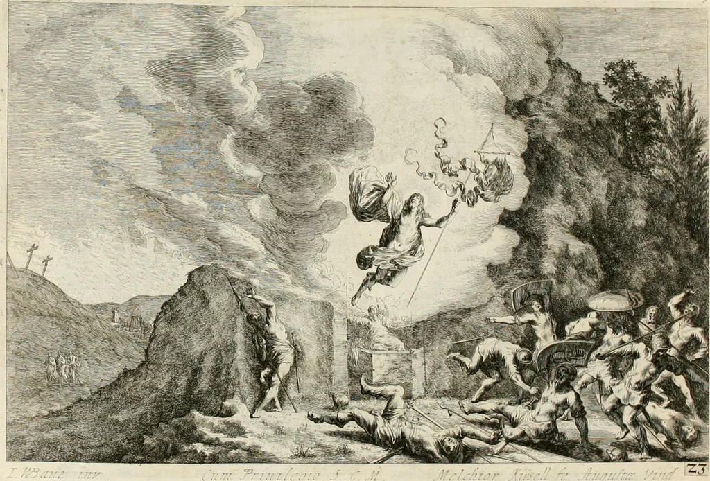An illustration from Ioannis Guilielmi Baurn Iconographia : complectens In se passionem, miracula, vitam Christi universam : nec non, prospectus rarissimorum portuum, palatiorum, hortorum, historiarum, aliarumq[ue] rerum, quae per Italiam spectatu sunt dignae, 1671, leaf 62