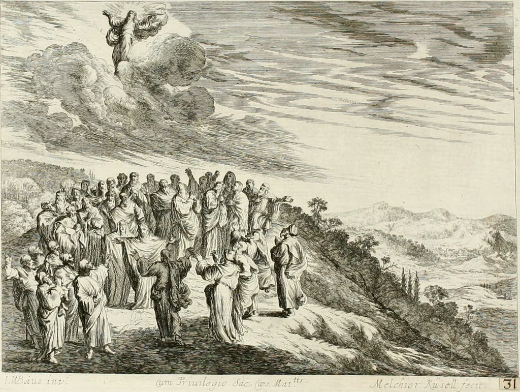 An illustration from Ioannis Guilielmi Baurn Iconographia : complectens In se passionem, miracula, vitam Christi universam : nec non, prospectus rarissimorum portuum, palatiorum, hortorum, historiarum, aliarumq[ue] rerum, quae per Italiam spectatu sunt dignae, 1671, leaf 63