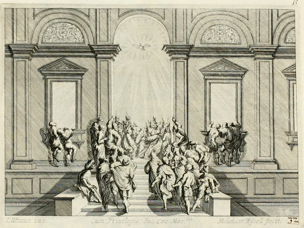 An illustration from Ioannis Guilielmi Baurn Iconographia : complectens In se passionem, miracula, vitam Christi universam : nec non, prospectus rarissimorum portuum, palatiorum, hortorum, historiarum, aliarumq[ue] rerum, quae per Italiam spectatu sunt dignae, 1671, leaf 64