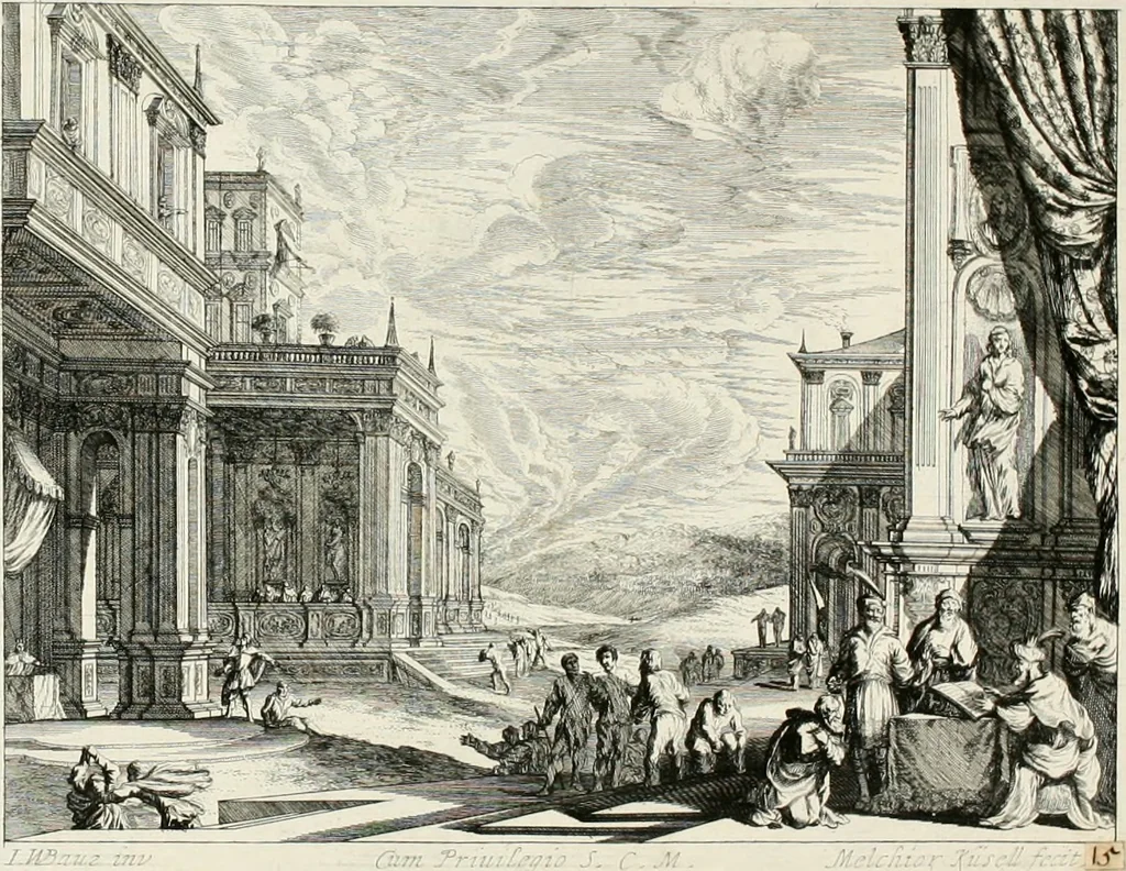 An illustration from Ioannis Guilielmi Baurn Iconographia : complectens In se passionem, miracula, vitam Christi universam : nec non, prospectus rarissimorum portuum, palatiorum, hortorum, historiarum, aliarumq[ue] rerum, quae per Italiam spectatu sunt dignae, 1671, leaf 77