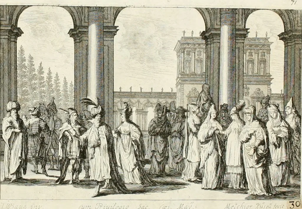 An illustration from Ioannis Guilielmi Baurn Iconographia : complectens In se passionem, miracula, vitam Christi universam : nec non, prospectus rarissimorum portuum, palatiorum, hortorum, historiarum, aliarumq[ue] rerum, quae per Italiam spectatu sunt dignae, 1671, leaf 84