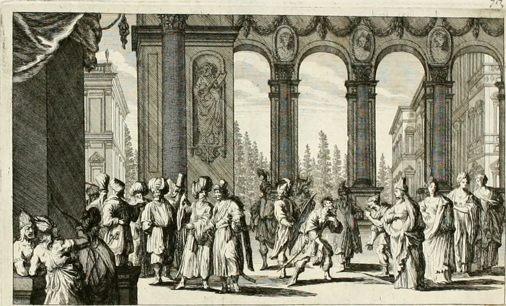 An illustration from Ioannis Guilielmi Baurn Iconographia : complectens In se passionem, miracula, vitam Christi universam : nec non, prospectus rarissimorum portuum, palatiorum, hortorum, historiarum, aliarumq[ue] rerum, quae per Italiam spectatu sunt dignae, 1671, leaf 86