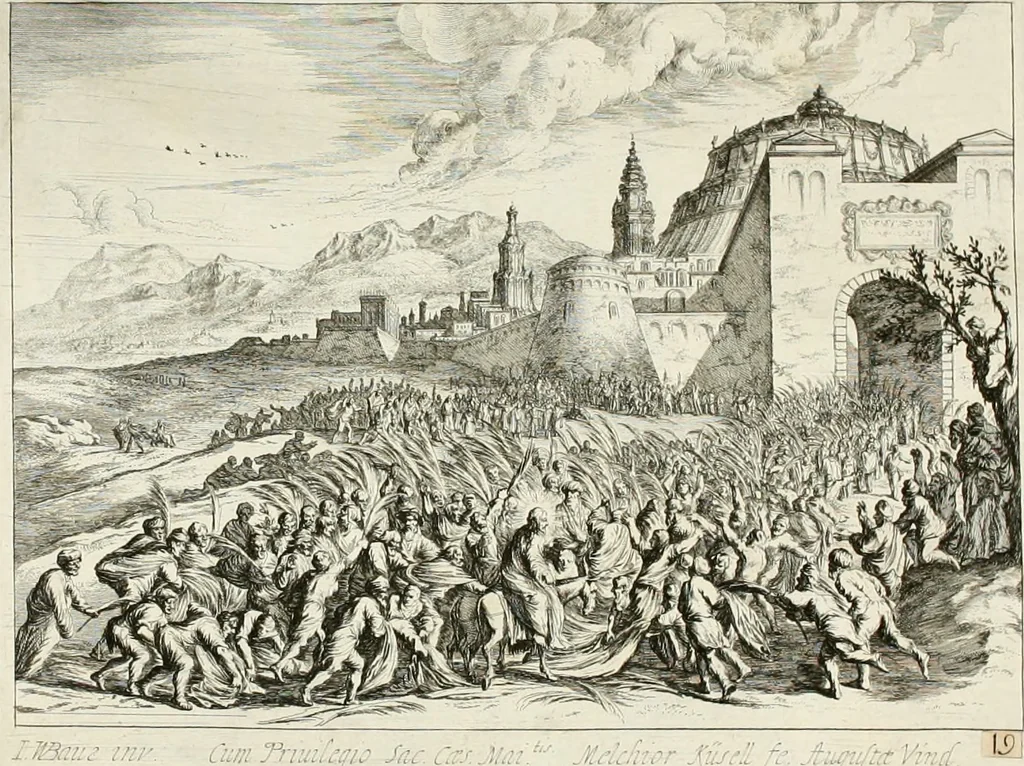 An illustration from Ioannis Guilielmi Baurn Iconographia : complectens In se passionem, miracula, vitam Christi universam : nec non, prospectus rarissimorum portuum, palatiorum, hortorum, historiarum, aliarumq[ue] rerum, quae per Italiam spectatu sunt dignae, 1671, leaf 9