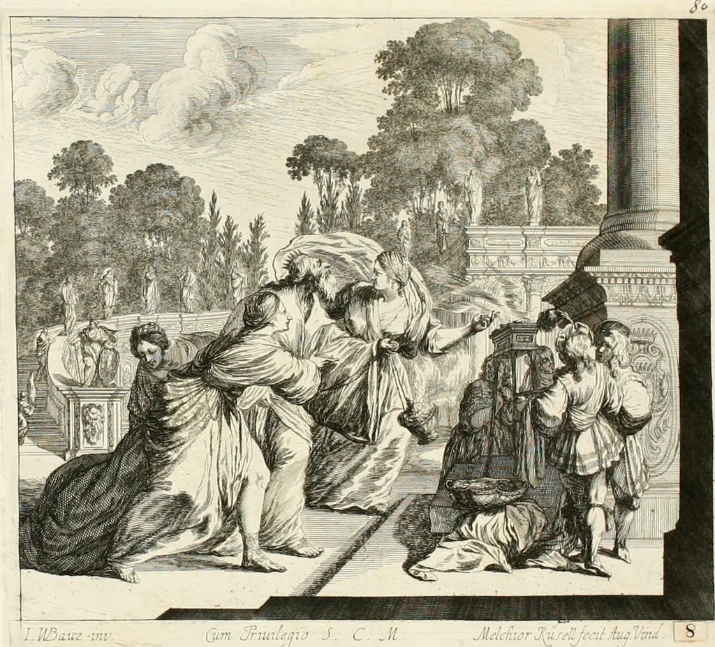 An illustration from Ioannis Guilielmi Baurn Iconographia : complectens In se passionem, miracula, vitam Christi universam : nec non, prospectus rarissimorum portuum, palatiorum, hortorum, historiarum, aliarumq[ue] rerum, quae per Italiam spectatu sunt dignae, 1671, leaf 93