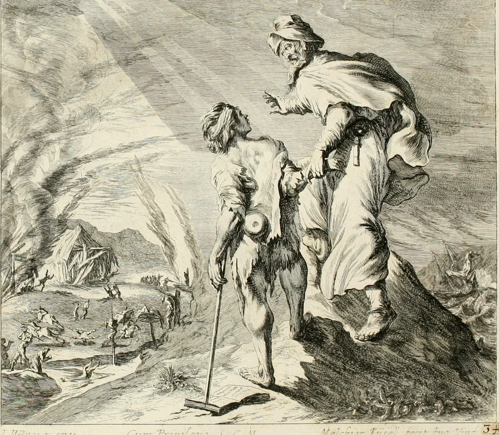 An illustration from Ioannis Guilielmi Baurn Iconographia : complectens In se passionem, miracula, vitam Christi universam : nec non, prospectus rarissimorum portuum, palatiorum, hortorum, historiarum, aliarumq[ue] rerum, quae per Italiam spectatu sunt dignae, 1671, leaf 98