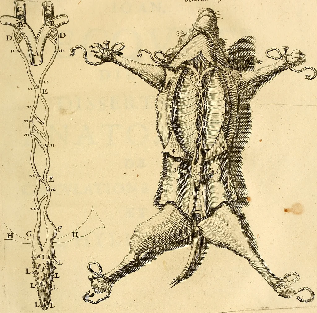 An illustration from Ioannis Pecqueti ... Experimenta nova anatomica : quibus incognitum hactenus chyli receptaculum, & ab eo per thoracem in ramos usque subclavios vasa lactea deteguntur : issertatio anatomica de circulatione sanguinis et chyli motu, 1654, leaf 40