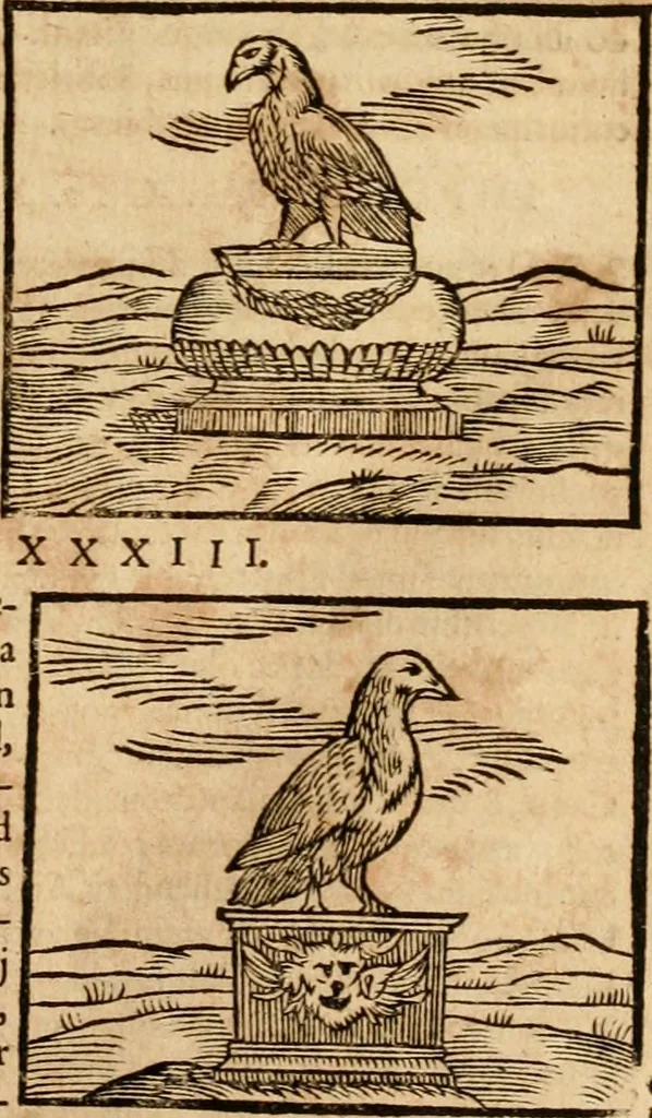 An illustration from Ioannis Pierii Valeriani Bellvnensis Hieroglyphica, sive, De sacris Ægyptiorvm aliarumq gentium literis commentariorum libri LVIII : cum duobus alijs ab eruditissimo viro annexis : accesserunt loco auctarij, Hieroglyphicorum collectanea, ex veteribus & recentioribus auctoribus descripta, & in sex libros digesta : Horapollinis item hieroglyphicorum libri duo, ex postrema Dauidis Hschelij correctione : prætereà eiusdem Pierij declamatiuncula pro barbis sacerdotum, & reliqua opuscula siue poemata omnia, 1614, leaf 344