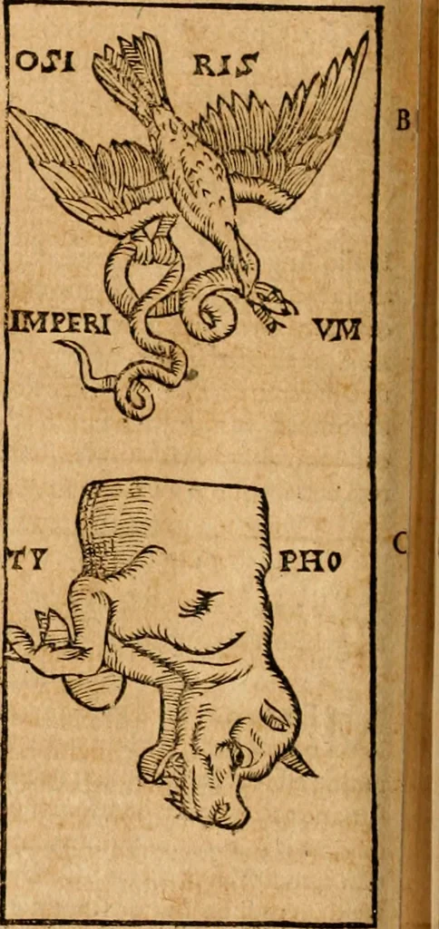 An illustration from Ioannis Pierii Valeriani Bellvnensis Hieroglyphica, sive, De sacris Ægyptiorvm aliarumq gentium literis commentariorum libri LVIII : cum duobus alijs ab eruditissimo viro annexis : accesserunt loco auctarij, Hieroglyphicorum collectanea, ex veteribus & recentioribus auctoribus descripta, & in sex libros digesta : Horapollinis item hieroglyphicorum libri duo, ex postrema Dauidis Hschelij correctione : prætereà eiusdem Pierij declamatiuncula pro barbis sacerdotum, & reliqua opuscula siue poemata omnia, 1614, leaf 413