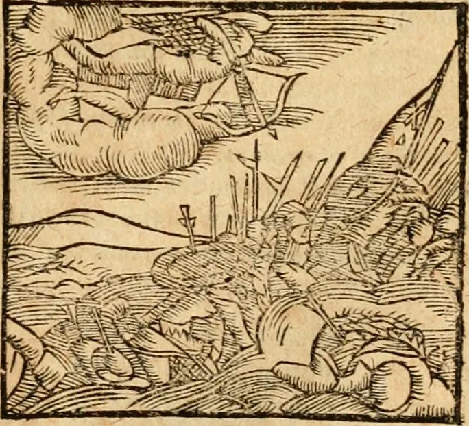 An illustration from Ioannis Pierii Valeriani Bellvnensis Hieroglyphica, sive, De sacris Ægyptiorvm aliarumq gentium literis commentariorum libri LVIII : cum duobus alijs ab eruditissimo viro annexis : accesserunt loco auctarij, Hieroglyphicorum collectanea, ex veteribus & recentioribus auctoribus descripta, & in sex libros digesta : Horapollinis item hieroglyphicorum libri duo, ex postrema Dauidis Hschelij correctione : prætereà eiusdem Pierij declamatiuncula pro barbis sacerdotum, & reliqua opuscula siue poemata omnia, 1614, leaf 590