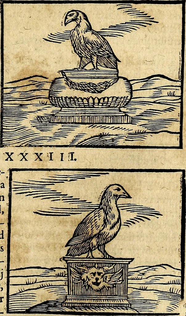 An illustration from Ioannis Pierii Valeriani Bellvnesis Hieroglyphica, sive De sacris Aegypticrvm aliarumq[ue] gentium literis, commentariorum libri LVIII cum duobus alijs ab eruditissimo viro annexis. Accesserunt loco auctarij, Hieroglyphicorum collectanea, ex veteribus & recentioribus auctoribus descripta, & in sex libros digesta. Horapollinis item hieroglyphicorum libri duo, ex postrema Dauidis Hoeschelij correctione. Praetereà eiusdem Pierij declamatiuncula Pro barbis sacerdotum, & reliqua opuscula siue Poemata omnia, 1614, leaf 344