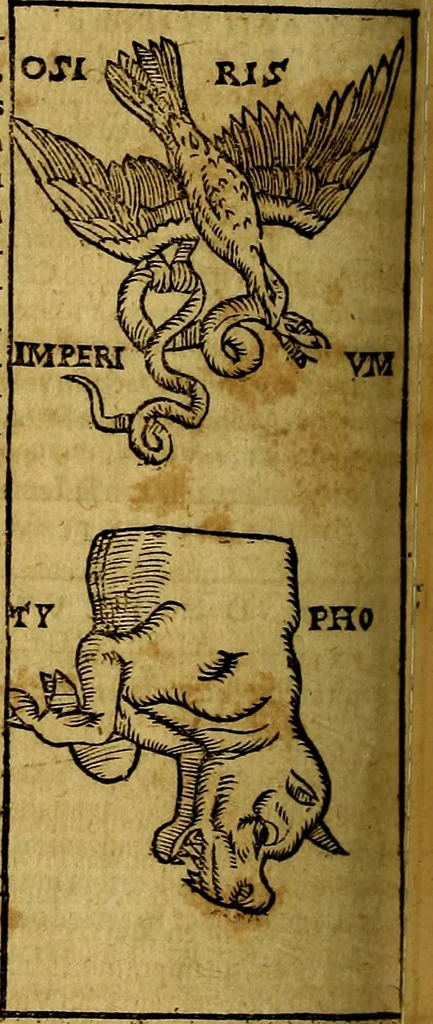 An illustration from Ioannis Pierii Valeriani Bellvnesis Hieroglyphica, sive De sacris Aegypticrvm aliarumq[ue] gentium literis, commentariorum libri LVIII cum duobus alijs ab eruditissimo viro annexis. Accesserunt loco auctarij, Hieroglyphicorum collectanea, ex veteribus & recentioribus auctoribus descripta, & in sex libros digesta. Horapollinis item hieroglyphicorum libri duo, ex postrema Dauidis Hoeschelij correctione. Praetereà eiusdem Pierij declamatiuncula Pro barbis sacerdotum, & reliqua opuscula siue Poemata omnia, 1614, leaf 413