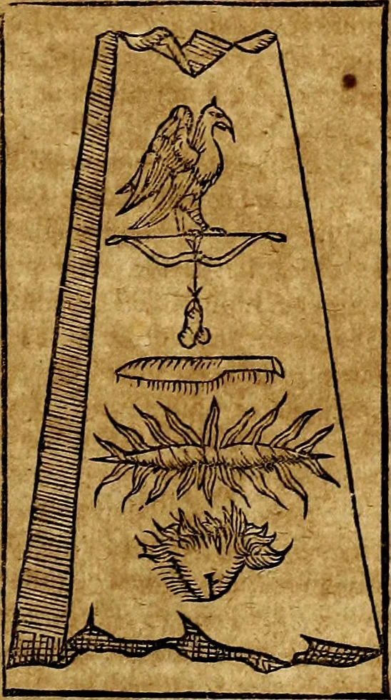 An illustration from Ioannis Pierii Valeriani Bellvnesis Hieroglyphica, sive De sacris Aegypticrvm aliarumq[ue] gentium literis, commentariorum libri LVIII cum duobus alijs ab eruditissimo viro annexis. Accesserunt loco auctarij, Hieroglyphicorum collectanea, ex veteribus & recentioribus auctoribus descripta, & in sex libros digesta. Horapollinis item hieroglyphicorum libri duo, ex postrema Dauidis Hoeschelij correctione. Praetereà eiusdem Pierij declamatiuncula Pro barbis sacerdotum, & reliqua opuscula siue Poemata omnia, 1614, leaf 476