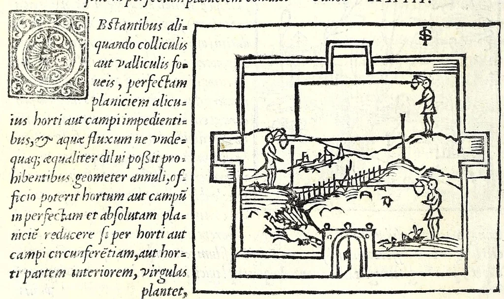 An illustration from Ioannis Taisnier Hannonij De vsu annuli sphaerici libri tres : in quibus quicquid ad geometriae perfectionem requiritur continetur, 1550, leaf 28