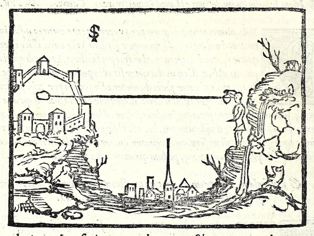 An illustration from Ioannis Taisnier Hannonij De vsu annuli sphaerici libri tres : in quibus quicquid ad geometriae perfectionem requiritur continetur, 1550, leaf 32