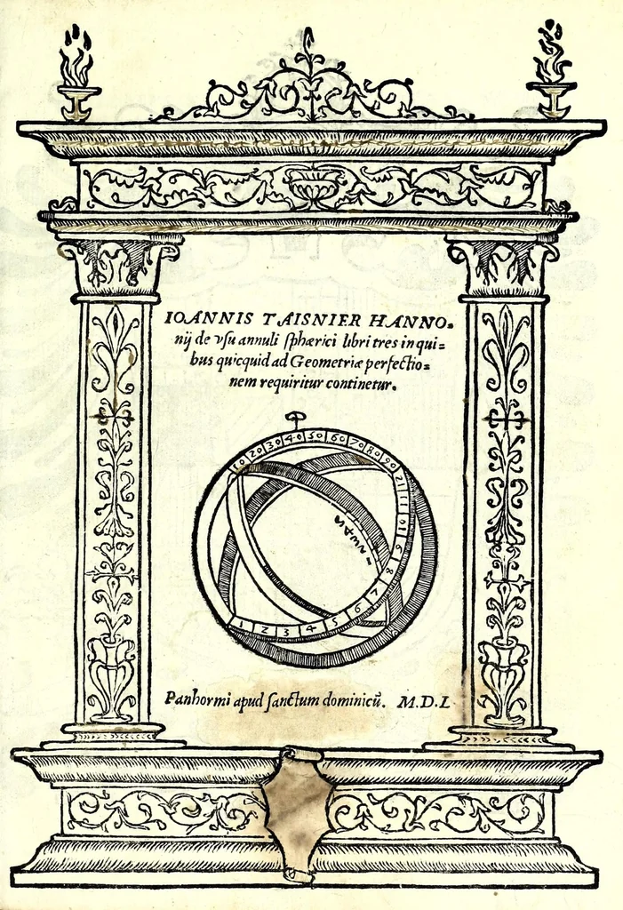 An illustration from Ioannis Taisnier Hannonij De vsu annuli sphaerici libri tres : in quibus quicquid ad geometriae perfectionem requiritur continetur, 1550, leaf 5