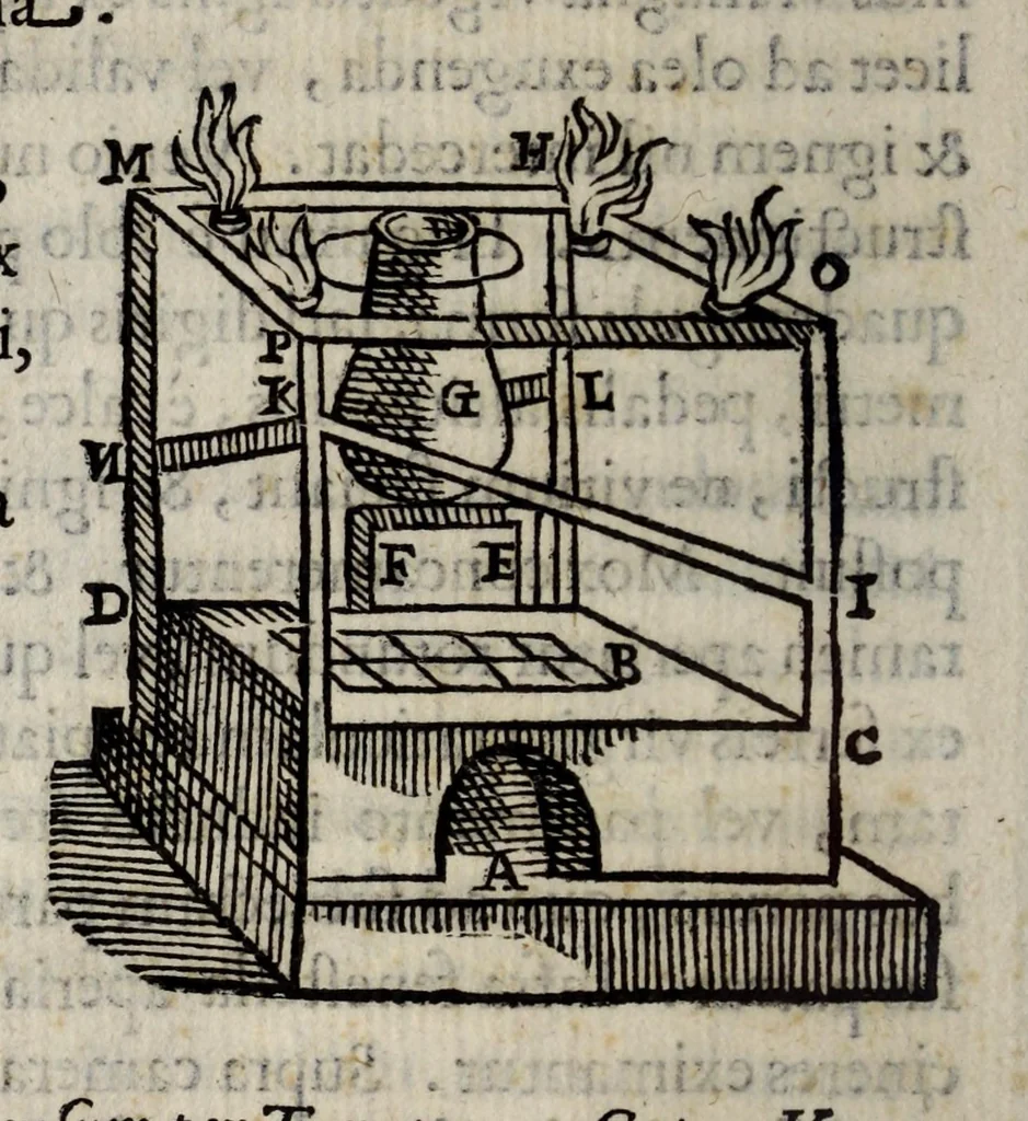 An illustration from Io. Bap. Portae Neapolitani De distillatione lib. IX : quibus certa methodo, multipliciq[ue] artificio, penitioribus naturae arcanis detectis, cuiuslibet mixti in propria elementa resolutio, perfectè docetur, 1608, leaf 32