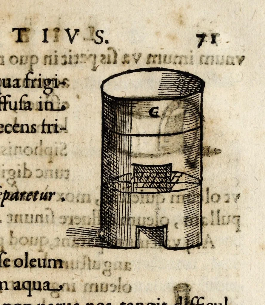 An illustration from Io. Bap. Portae Neapolitani De distillatione lib. IX : quibus certa methodo, multipliciq[ue] artificio, penitioribus naturae arcanis detectis, cuiuslibet mixti in propria elementa resolutio, perfectè docetur, 1608, leaf 95