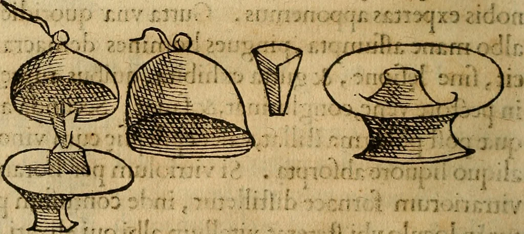 An illustration from Io. Bap. Portae Neopolitani de distillatione lib. IX : quibus certa methodo, multipliciq[ue] artificio, penitioribus naturae arcanis detectis, cuius libet mixti in propria elementa resolutio, perfectè docetur, 1608, leaf 143