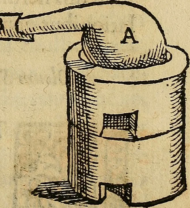 An illustration from Io. Bap. Portae Neopolitani de distillatione lib. IX : quibus certa methodo, multipliciq[ue] artificio, penitioribus naturae arcanis detectis, cuius libet mixti in propria elementa resolutio, perfectè docetur, 1608, leaf 146