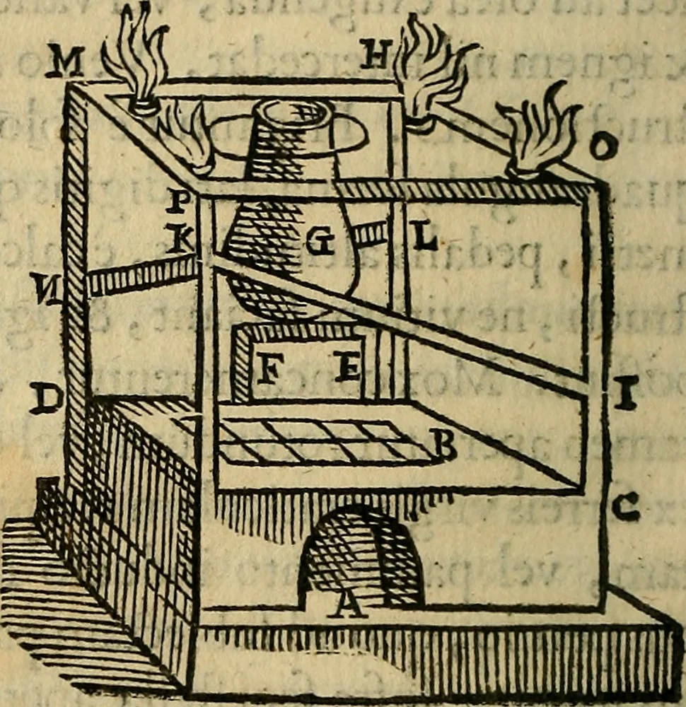 An illustration from Io. Bap. Portae Neopolitani de distillatione lib. IX : quibus certa methodo, multipliciq[ue] artificio, penitioribus naturae arcanis detectis, cuius libet mixti in propria elementa resolutio, perfectè docetur, 1608, leaf 33