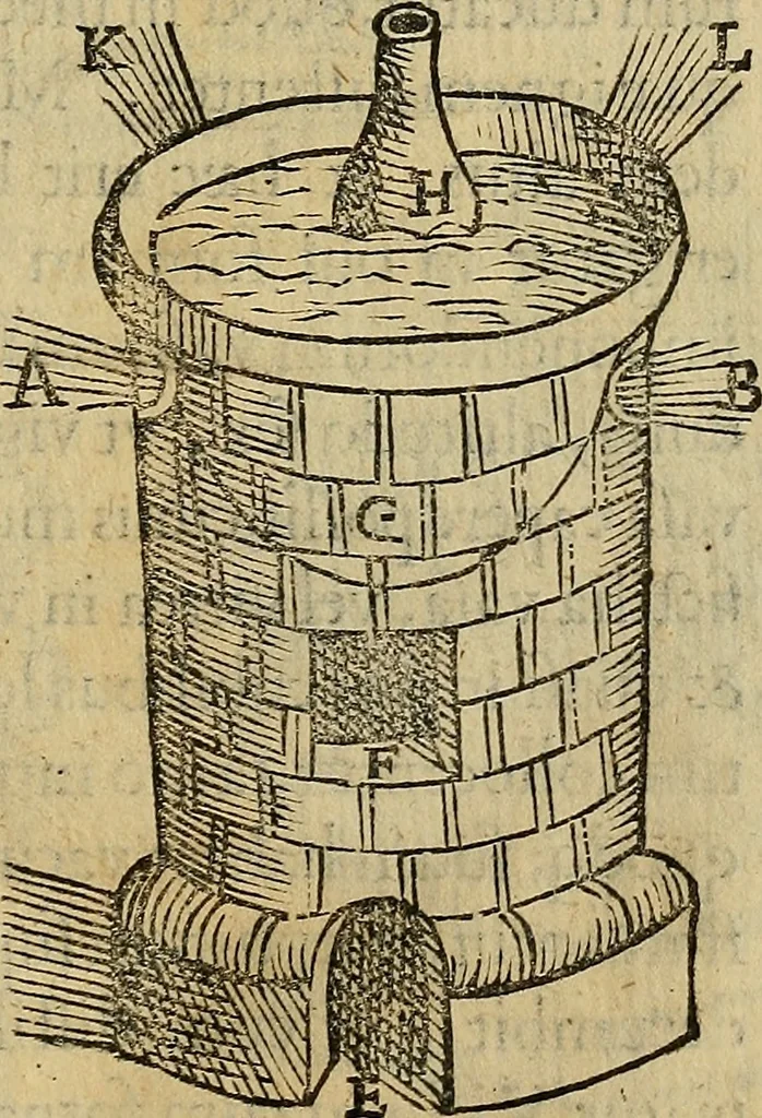 An illustration from Io. Bap. Portae Neopolitani de distillatione lib. IX : quibus certa methodo, multipliciq[ue] artificio, penitioribus naturae arcanis detectis, cuius libet mixti in propria elementa resolutio, perfectè docetur, 1608, leaf 34