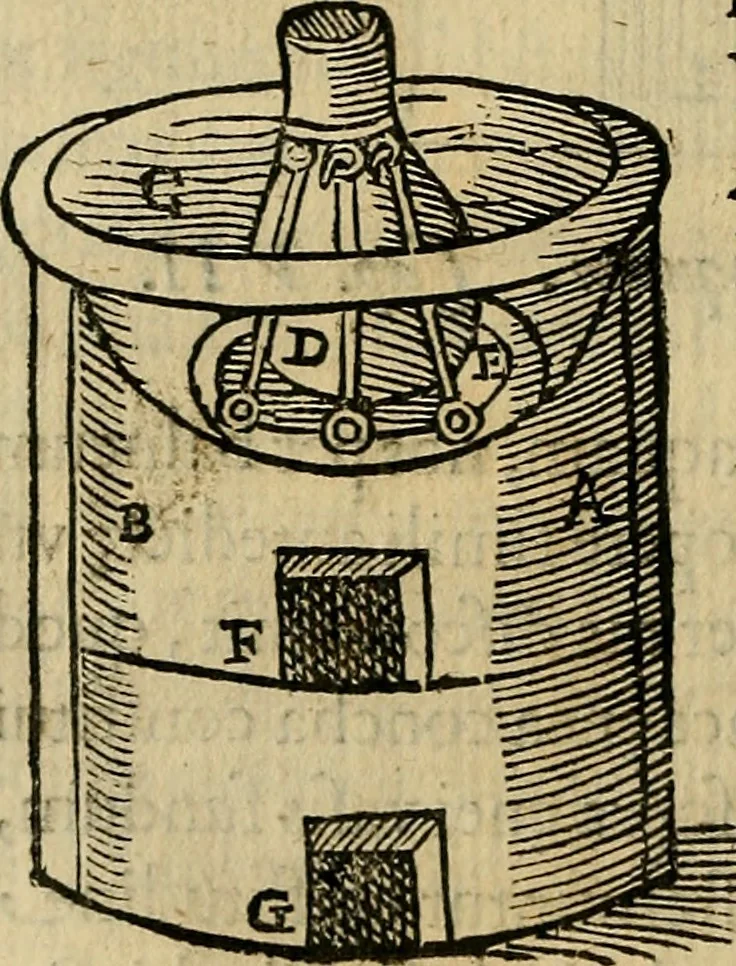An illustration from Io. Bap. Portae Neopolitani de distillatione lib. IX : quibus certa methodo, multipliciq[ue] artificio, penitioribus naturae arcanis detectis, cuius libet mixti in propria elementa resolutio, perfectè docetur, 1608, leaf 39