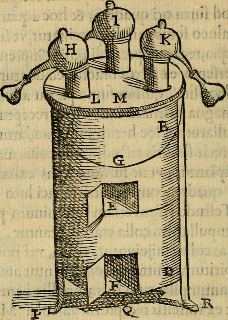 An illustration from Io. Bap. Portae Neopolitani de distillatione lib. IX : quibus certa methodo, multipliciq[ue] artificio, penitioribus naturae arcanis detectis, cuius libet mixti in propria elementa resolutio, perfectè docetur, 1608, leaf 41
