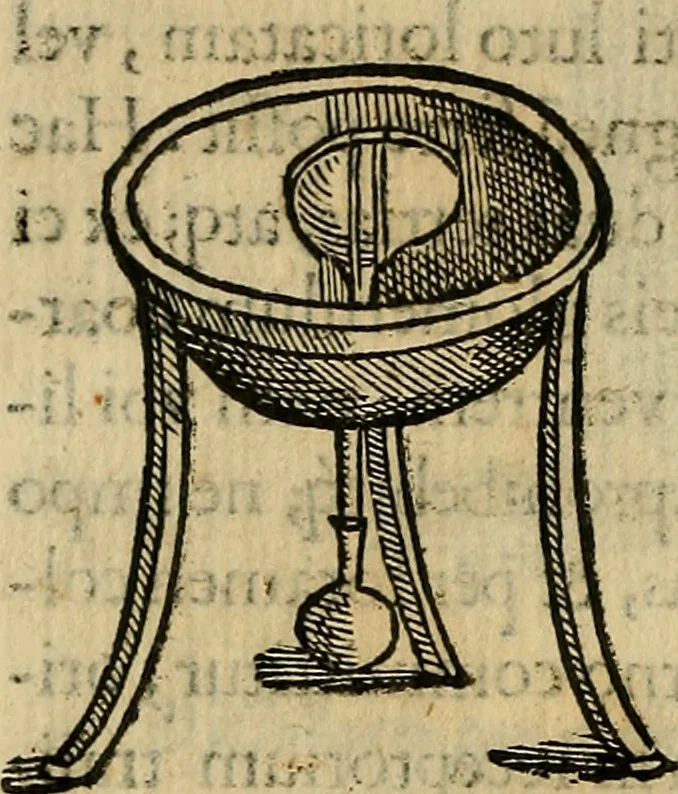 An illustration from Io. Bap. Portae Neopolitani de distillatione lib. IX : quibus certa methodo, multipliciq[ue] artificio, penitioribus naturae arcanis detectis, cuius libet mixti in propria elementa resolutio, perfectè docetur, 1608, leaf 43