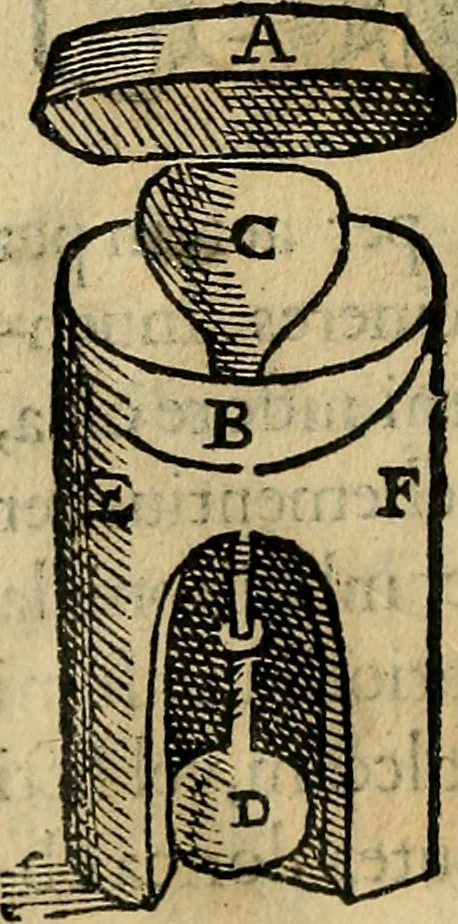An illustration from Io. Bap. Portae Neopolitani de distillatione lib. IX : quibus certa methodo, multipliciq[ue] artificio, penitioribus naturae arcanis detectis, cuius libet mixti in propria elementa resolutio, perfectè docetur, 1608, leaf 45