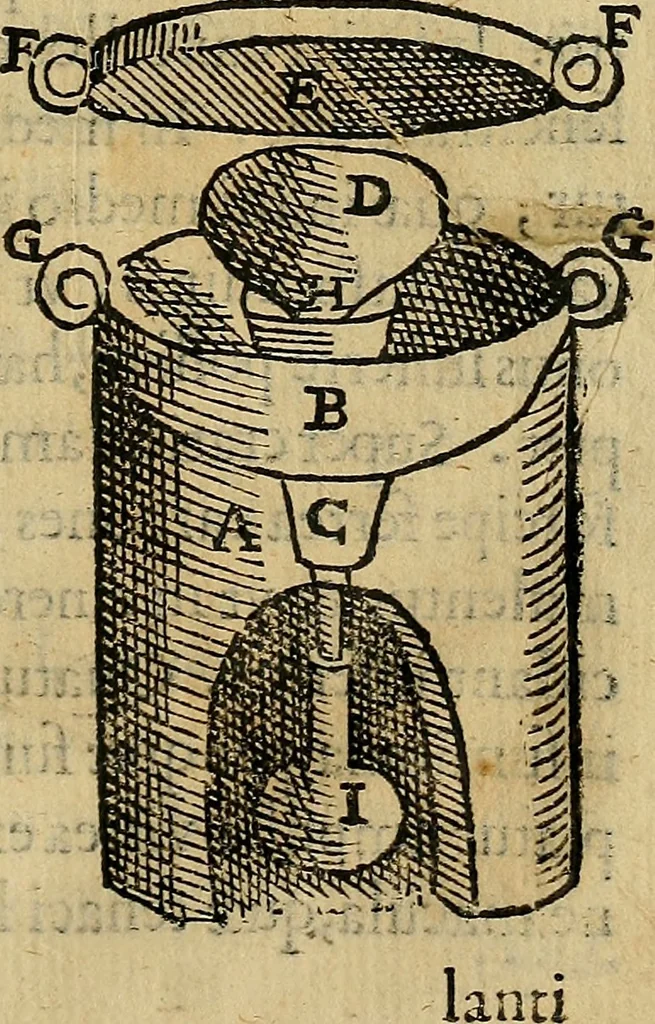 An illustration from Io. Bap. Portae Neopolitani de distillatione lib. IX : quibus certa methodo, multipliciq[ue] artificio, penitioribus naturae arcanis detectis, cuius libet mixti in propria elementa resolutio, perfectè docetur, 1608, leaf 46