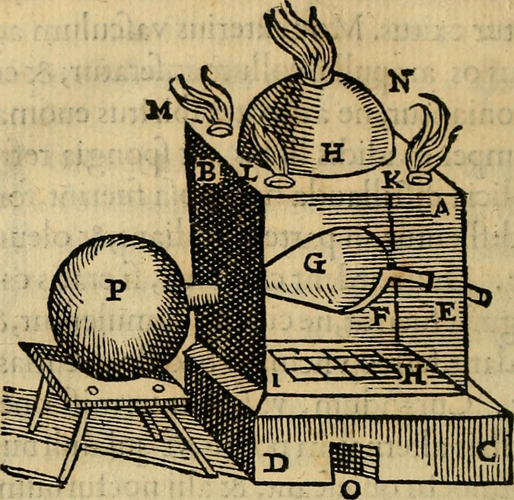 An illustration from Io. Bap. Portae Neopolitani de distillatione lib. IX : quibus certa methodo, multipliciq[ue] artificio, penitioribus naturae arcanis detectis, cuius libet mixti in propria elementa resolutio, perfectè docetur, 1608, leaf 49